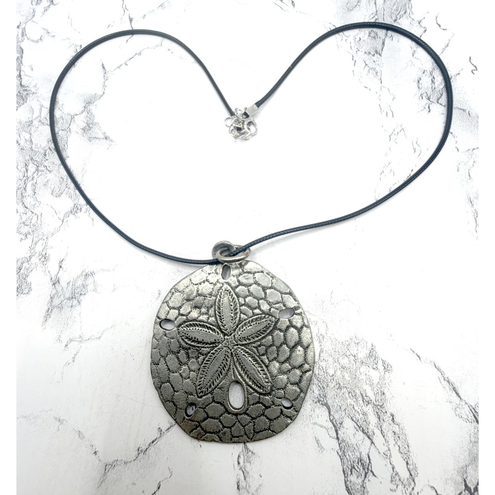 Artisan Signed HM Sand Dollar Pendant Necklace Silver Tone Black Cord 20"